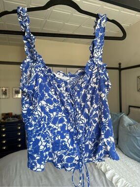 Zara Blue Floral Ruffle Strap Women's Tank Top